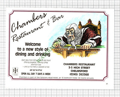 Chambers Restaurant Chelmsford Essex Advert Saracens Head - 1988 Cutting