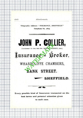 John P Collier Bank Street Sheffield Insurance Broker Small Advert -1910 Cutting