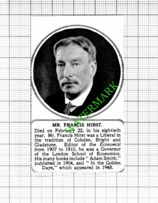 Mr Francis Hirst Obituary -  1953 Small Cutting