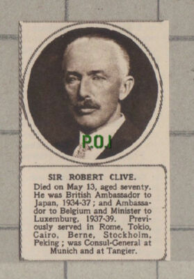C1331) Sir Robert Clive Ambassador to Japan Obituary - 1948 Clip SMALL!