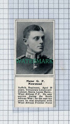 C4998) Major G P Newstead Suffolk Regiment Sierra Leone WW1 - 1915 SMALL Clip