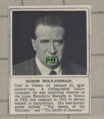 C1220) Signor Wolf Ferrari Italian Composer Venice Obituary - 1948 Clip SMALL!!