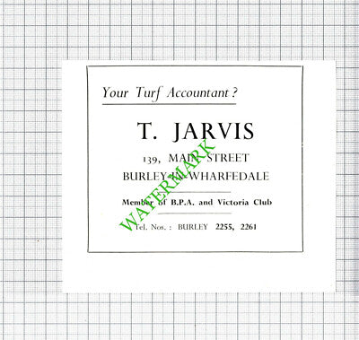T Jarvis Turf Accountant Burnley-in-Wharfedale Small Advert - 1962 Cutting