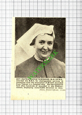 Act Matron Effie Townend  Tobruk Hospital Ship WW2 Award   - 1943 SMALL Cutting