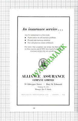 Bury St Edmunds Alliance Insurance Eric Brady Advert - 1964 Cutting / Print