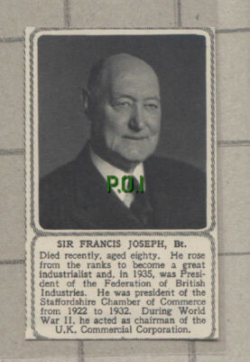 C901) Sir Francis Joseph Obituary Staffordshire Commerce - 1951 SMALL Cutting