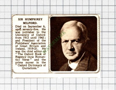 C8140) Sir Humphrey Milford  Publisher Obituary -1952 SMALL Cutting