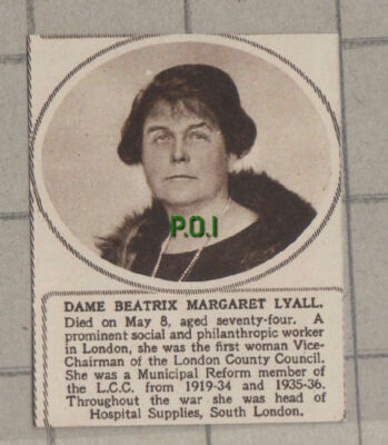 C1347) Dame Beatrix Margaret Lyall LCC Obituary - 1948 Clip SMALL!