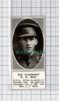 C5297) 2nd Lt F O Mail RFA Mr & Mrs J T Mail - 1918 SMALL Clip