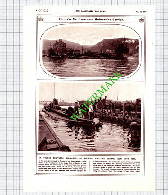 Toulon Dockyard France World War One WW1 Submarines   - 1917 Cutting / Print