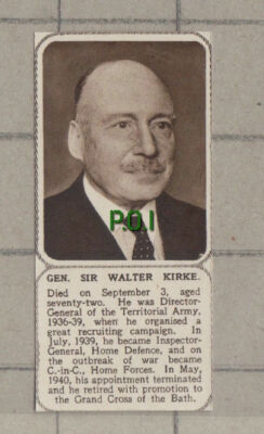 C1131) Gen Sir Walter Kirke Territorial Army Obituary - 1949 Clip SMALL!