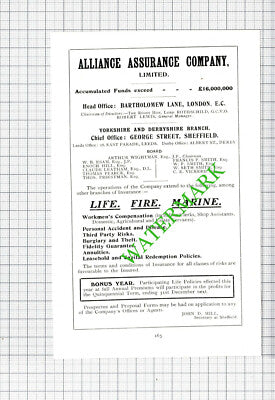 WF Cole & Sons Pianos Sheffield / Alliance Assurance Co  Advert -1908 Cutting