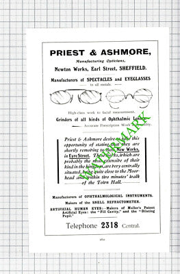 Priest & Ashmore Opticians Sheffield / Sister Gertrude Wood Advert -1908 Cutting