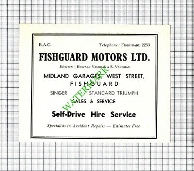 Fishguard Motors Ltd Howard Vaughan / Howells Tenby Advert - c.1960 Cutting