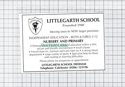 C5953) Littlegarth School Dedham Advert - 1994 Small Cutting