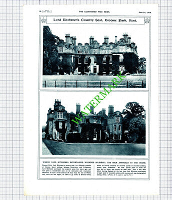 Broome Park Denton Kent Lord Kitchener WW1 - 1916 Cutting / Print