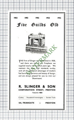 C7819) R Slinger & Son Fireplaces Preston Advert - 1952 Cutting