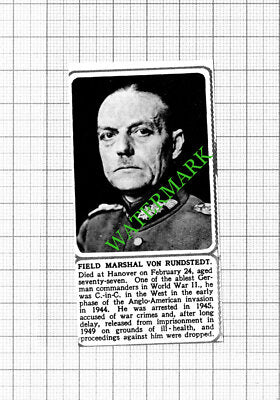 Field Marshall Von Rundstedt Obituary  - 1953 Small Cutting