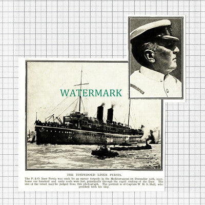 C5512) P&O Liner Ship PERSIA Captain WHS Hall World War One - c.1918 Cutting