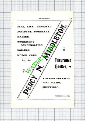Percy N Middleton Insurance Sheffield / Allinsons Ltd Advert - 1910 Cutting