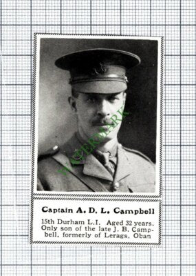 Capt A D L Campbell 15th Durham Light Infantry Lerags Oban -1915 SMALL Cutting