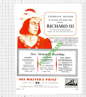 Laurence Olivier Richard III HMV Record Advert - 1956 Cutting