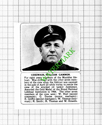 Coxswain William Gammon Mumbles Lifeboat Obituary - 1947 Small Cutting