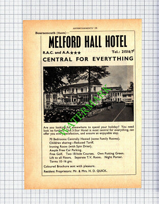 Melford Hall Hotel Bournemouth  Elstead Hotel Fred Summers Advert - 1965 Cutting