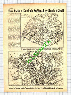German Air Raid On Paris and Dunkirk World War One - 1919 Cutting / Print
