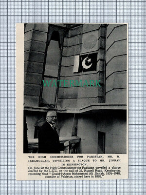 C4272) Mr M Ikramullah Pakistan Plaque Mr Jinnah Russell Rd Kensington 1955 Clip