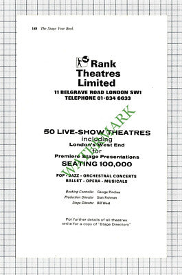 Rank Theatres Advert George Pinches Stan Fishman Bill West - 1968 Cutting