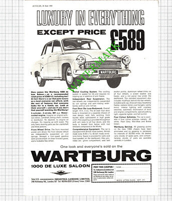 Wartburg 1000 De Luxe Saloon  ADVERT - 1966 Cutting