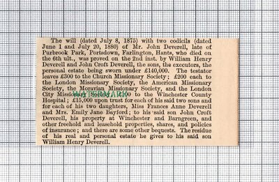 C5231) Mr John Deverell Purbrook Park Portsdown Farlington - 1880 Cutting