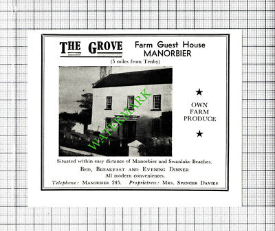 The Grove Guest House Manorbier Mrs Spencer Davies - c.1960 Small Cutting