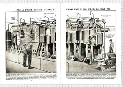 9124)  How A Diesel Engine Works Crude Oil - 1930s 2-Part Cutting / Print