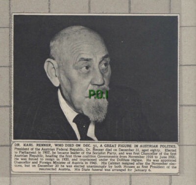 C941) Dr Karl Renner Austrian Federal Republic Obituary - 1951 Cutting
