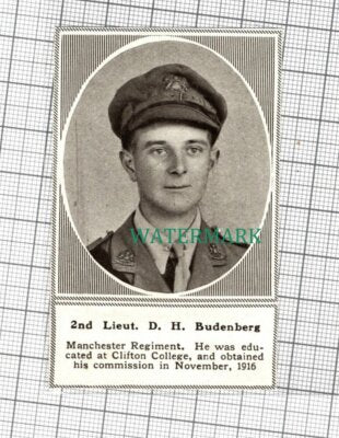 C3286) 2nd Lieut DH Budenberg Manchester Regiment Clifton - 1918 Clip SMALL!!