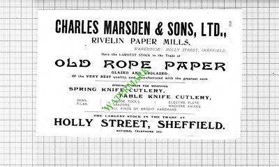 Charles Marsden & Sons Ltd Rivelin Paper Mills Sheffield Advert - 1912 Cutting