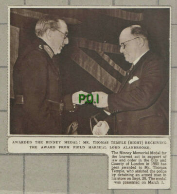 C927) Mr Thomas Temple Binney Medal Bravery Lord Alanbrooke - 1951 Cutting