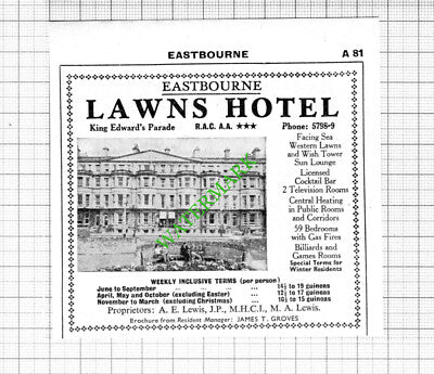 Lawns Hotel Eastbourne James Groves / Angles Hotel Small Advert - 1964 Cutting