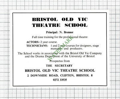 Bristol Old Vic Theatre School Advert N Brenner - 1968  Cutting