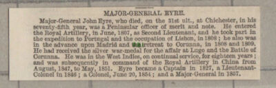C1276) Major Gen John Eyre Royal Artillery Obituary - 1865 Cutting