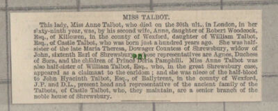 C1273) Miss Anne Talbot Robert Woodcock Killowen Castle Talbot - 1865 Cutting