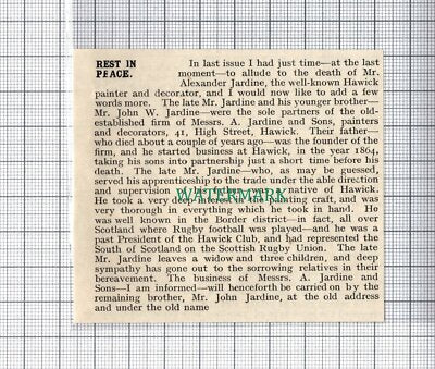 C5322) Mr Alexander Jardine Hawick Painter Decorator - 1912 Cutting