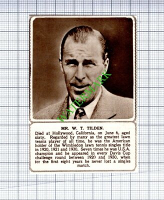 Mr W T Tilden Lawn Tennis Obituary - 1953 Small Cutting