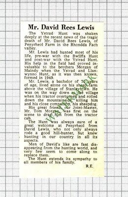 Mr David Rees Lewis Penyrheol Farm Yrstrad Hunt Obituary  - c.1972 Small Cutting