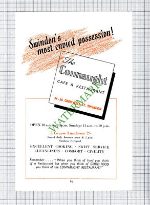 The Connaught Cafe Cromwell Street Swindon Advert - 1951 Cutting