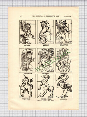 Heraldic Animal And Birds Heraldry  - 1894 2-Part Cutting / Print