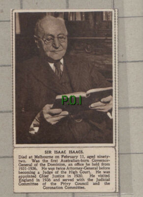 C1051) Sir Isaac Isaacs Melbourne Australia Obituary - 1948 Cutting