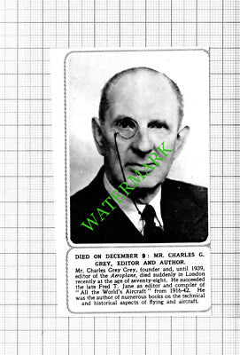 Mr Charles Grey Grey Aeroplane Magazine Obituary - 1953 Small Cutting